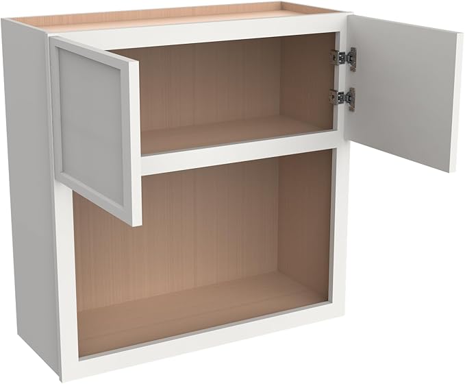 Solid Wood RTA Wall Microwave Cabinet with Open Shelves – Shaker Style, Space-Saving Kitchen Pantry Storage, Durable and Versatile Wall-Mounted Organizer (NT-Origami White, 30" W x 24" D x 36" H)