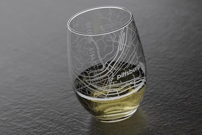 Well Told Engraved Pittsburgh Pennsylvania Map Stemless Wine Glass, Etched Glassware (15 oz, Clear) City Map Gift, Custom Barware, Gifts for Wine Lovers