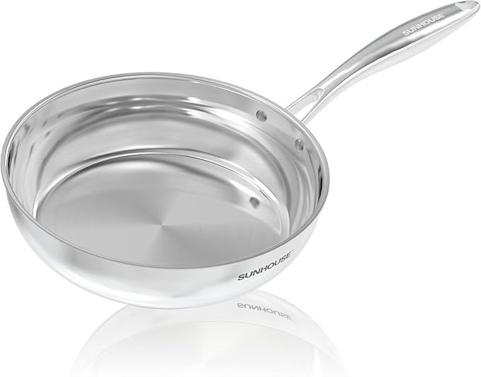 Sunhouse 9.5 Inch Tri-Ply Stainless Steel Frying Pan, Whole-Clad No Coatings Skillet with Stay-cool Handle for Cooking, Durable & Oven Safe to 500°F, Dishwasher Safe, Compatible with All Cooktops