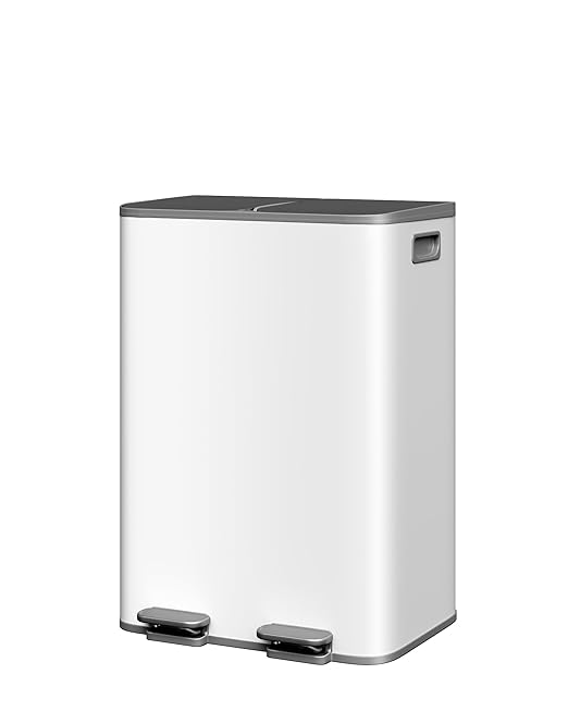 Garvee Trash Can, 2 x 8 gal (2 x 30 L) Garbage Can for Kitchen Dual Compartment Recycling Kitchen Step Trash Bin, Stainless Steel Trash and Recycle Bin Combo with Soft-Close Lid, Grayish-White
