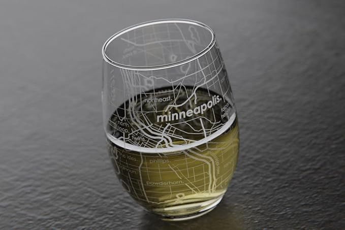 Well Told Engraved Minneapolis Minnesota Map Stemless Wine Glass, Etched Glass (15 oz, Clear) City Custom Gifts for Lovers