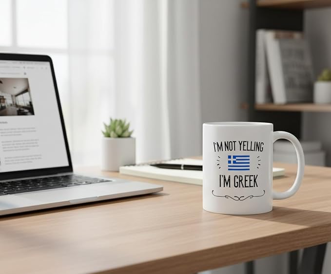 Casitika Funny Greek Souvenirs and Gifts. I'm Not Yelling I'm Greek11 oz Coffee Mug. Gift Idea for Men and Women From Greece Featuring the Country Flag. (White)