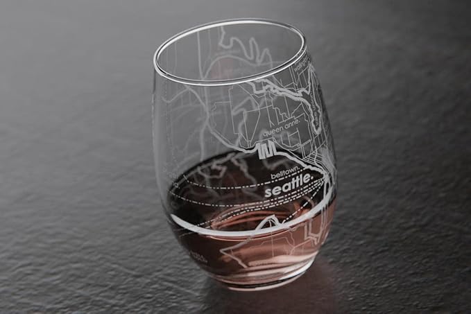Well Told Engraved Seattle Washington Map Stemless Wine Glass, Etched Glassware (15 oz, Clear) City Map Gift, Custom Barware, Gifts for Wine Lovers
