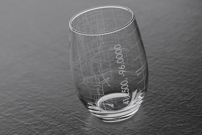 Well Told Engraved Omaha Nebraska Map Stemless Wine Glass, Etched Glass (15 oz, Clear) City Custom Gifts for Lovers
