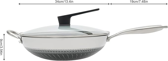 13 Inch Wok Pan with lid, Food-Grade Stainless Steel Woks & Stir-fry Pans Nonstick, Dishwasher and Oven Safe, Cooking Pan Compatible with Gas & Induction Cooker