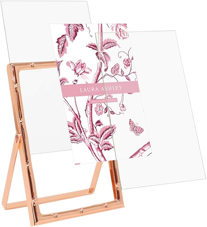 Laura Ashley 4x6 Rose Gold Bamboo Metal Picture Frame (Vertical) with Pull-Out Easel Stand, Made for Tabletop, Counterspace, Shelf and Desk