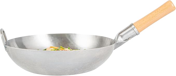 Restaurantware-Motomori 13.38 Inch Hand-Hammered Carbon Steel Wok, 10 Traditional Japanese Wok - Flat Bottom, Wooden Handle, Black Carbon Steel Traditional Stir Fry Pan, With Helper Handle