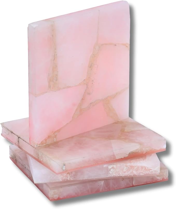 Set of 4 Natural Rose Quartz Coasters Set – Crystal Stone Drink Coasters for Coffee Table Decor, Wine or bar Coasters, Serveware, Housewarming Gifts, Wedding Gifts & Modern Home Decor