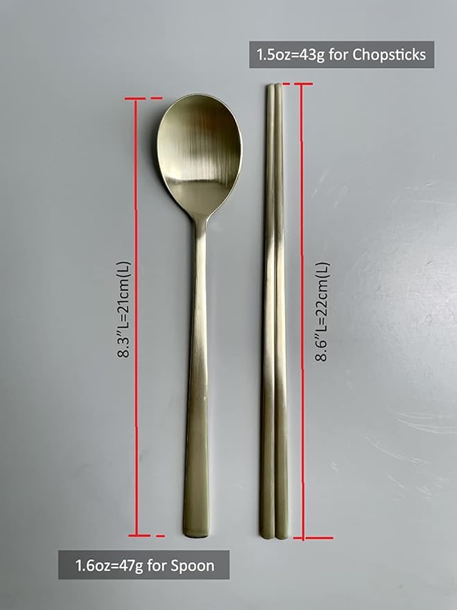 Korean Made Traditional Utensil Chopstick Set Flatware Champagne Gold Stainless Steel Spoon & Chopsticks Comfortable Grip Gift for Mom (2) Stocking Stuffer