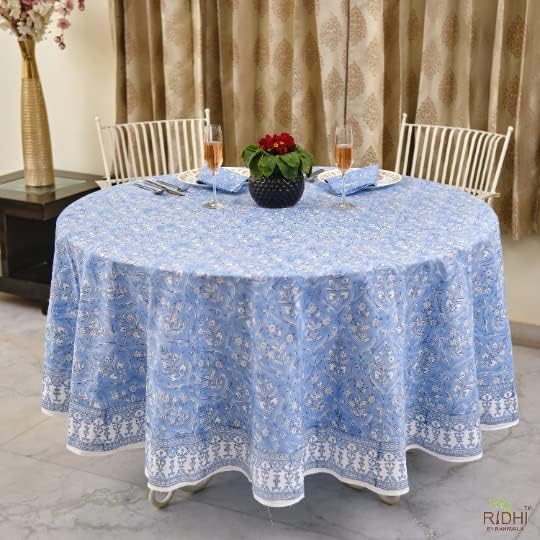 Ridhi Block Print Round Cornflower Blue Reusable Tablecloth 100% Cotton 60" Inch Decorative Table Cover eveyday Dining, Home, Party, Wedding, Farmhouse Gift for Spring, Easter, Valentine