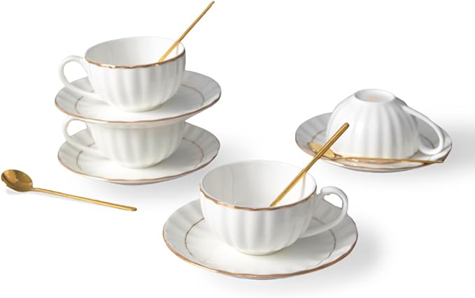 Bone China Tea Cups and Saucers Set (6 oz, Set of 4) – White Luxury Fine Porcelain Mugs for Tea, Coffee, Latte Art, Barista Use, Elegant Gifting