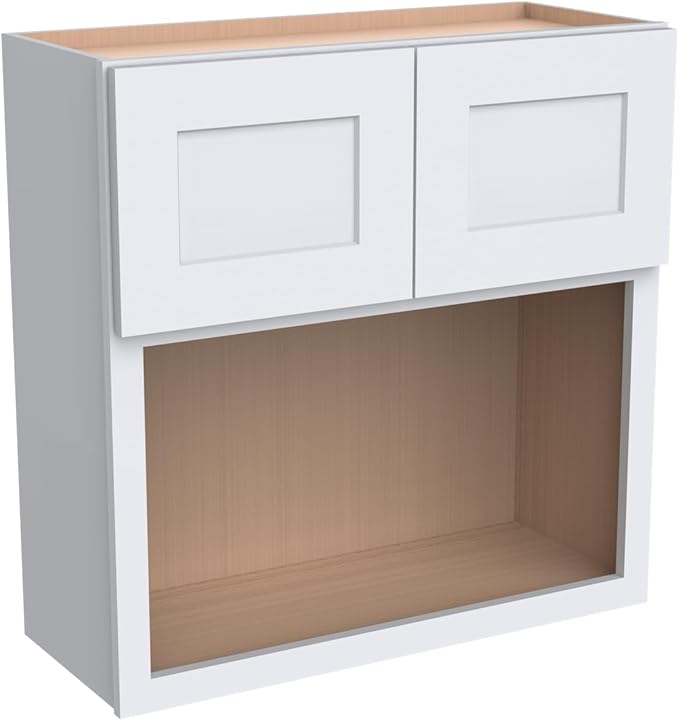 Solid Wood RTA Wall Microwave Cabinet with Open Shelves – Shaker Style, Space-Saving Kitchen Pantry Storage, Durable and Versatile Wall-Mounted Organizer (SK-White, 30" W x 24" D x 30" H)