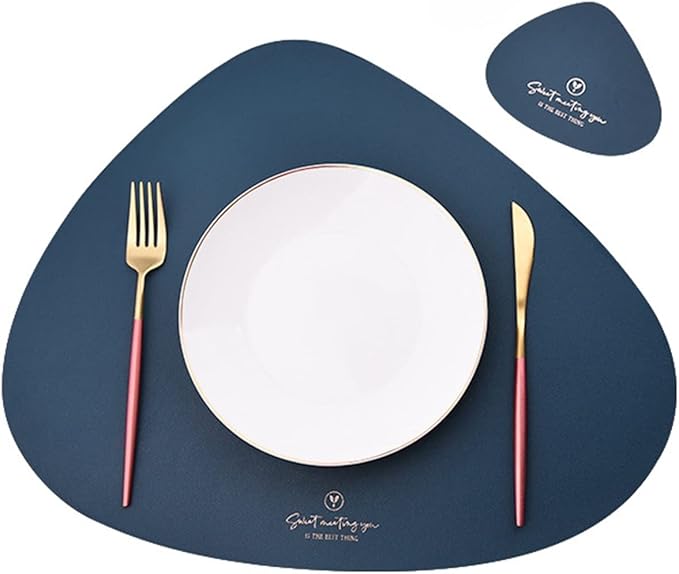 Waterproof & Oil-Proof PU Leather Table Mat Set - Non-Slip & Heat-Insulation Pad with One Coaster Ideal for Table Decor(Navy)