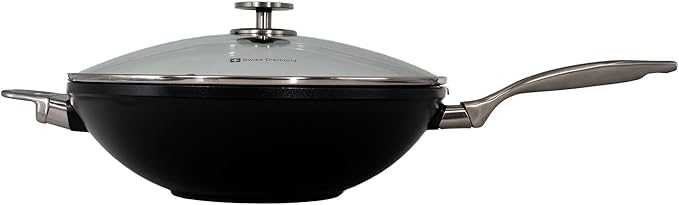 Swiss Diamond Nonstick Hybrid Ceramic and Diamond-Infused Wok With Glass Lid & Tempura Rack, Dou Ceramic, Dishwasher & Oven Safe Up To 500 °F, 12.5-Inches