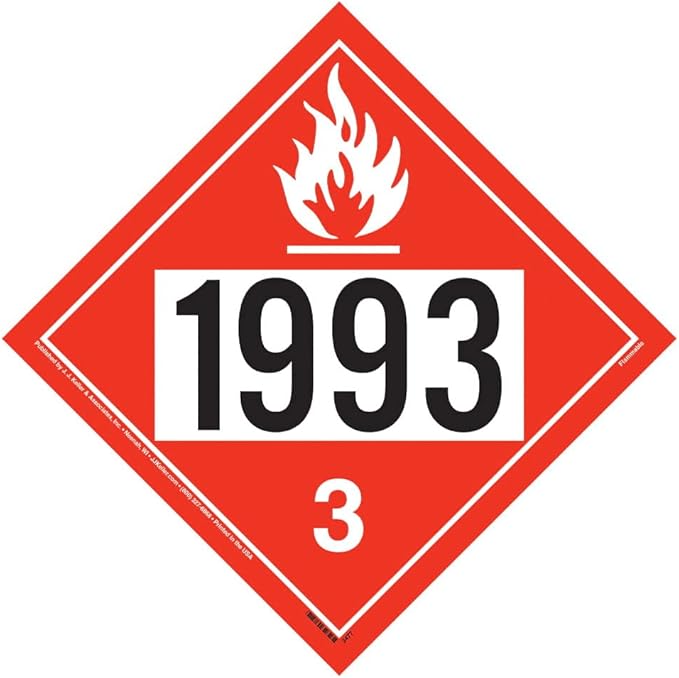 1993 Placard, Class 3 Flammable Liquid 10-pk. - 10.75" x 10.75" Removable Self Adhesive Vinyl for Temporary Applications - Complies with DOT Hazmat Placard Requirements
