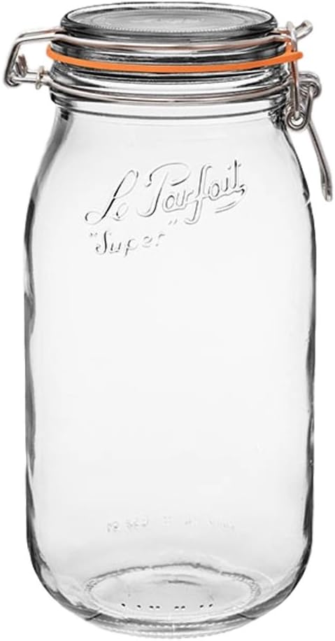 Le Parfait Super Jar - 2L French Glass Canning Jar w/Round Body, Airtight Rubber Seal & Glass Lid, 64oz/2 Quarts (Single Jar) Stainless Wire