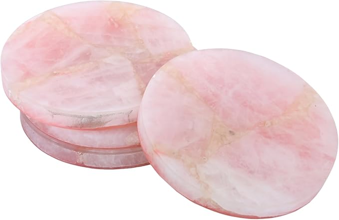 Set of 4 Natural Rose Quartz Coasters – Crystal Stone Drink Coasters for Coffee Table Decor, Serveware, Wine & Bar Coasters, Wedding Gift, Table Organizers, Housewarming Gifts, Gifts for her