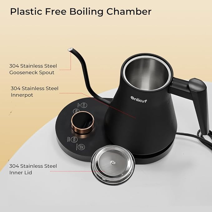 Gooseneck Electric Kettle with 7 Presets & ±1°F Precision Temperature Control, Pour Over Coffee & Tea Kettle, Hot Water Boiler, 100% Stainless Steel Inner, 1000W/0,8L, Matte Black