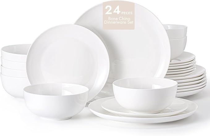 KINGSTONE Bone China Dinnerware Sets, 24-Piece Dinnerware Set for 8, Lightweight Durable, Microwave and Dishwasher Safe, Tableware for Daily Use with Elegant Design, White