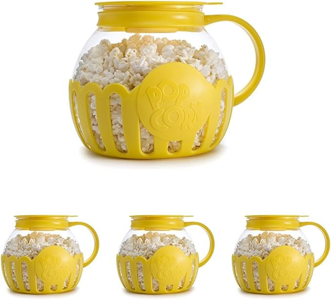 Ecolution Patented Micro-Pop Microwave Popcorn Popper with Temperature Safe Glass,3-in-1 Lid Measures Kernels and Melts Butter,Made Without BPA,Dishwasher Safe,3-Quart,Yellow,(Pack of 4)