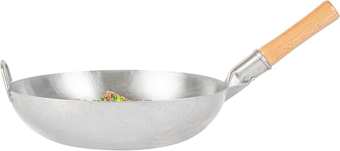 Motomori 14 Inch Hand-Hammered Carbon Steel Wok, 10 Traditional Japanese Wok - Flat Bottom, Wooden Handle, Black Carbon Steel Traditional Stir Fry Pan, With Helper Handle - Restaurantware