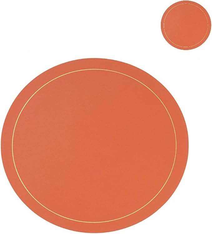 Luxury Round Faux Leather PU Placemat and Coaster for Easter Thanksgiving Year Party Home Decor Table Mat(GR Orange)