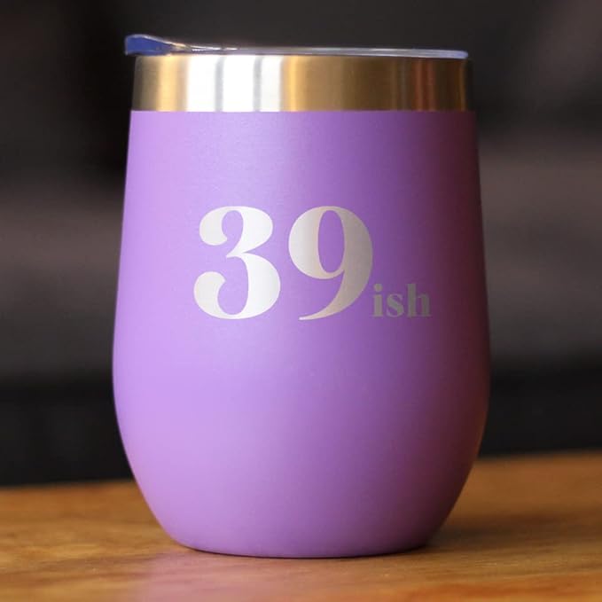 Bevvee 39ish - Funny 40th Birthday Wine Tumbler Glass with Sliding Lid - Stainless Steel Insulated Mug - Bday Party Decorations for Women Turning 40 - Purple