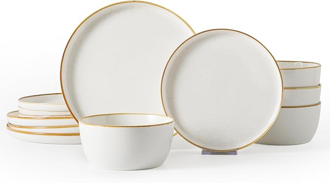 Yachi Plates and Bowls Sets, 12 Pieces Modern Porcelain Dinnerware Set for 4 Kitchen Dinner Set Ceramic Dishware Dishes Set Microwave and Dishwasher Safe, White, Series
