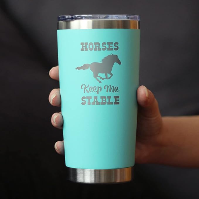 Bevvee Horses Keep Me Stable - Insulated Coffee Tumbler Cup with Sliding Lid - Stainless Steel Insulated Mug - Horse Themed Coffee Gifts - Teal