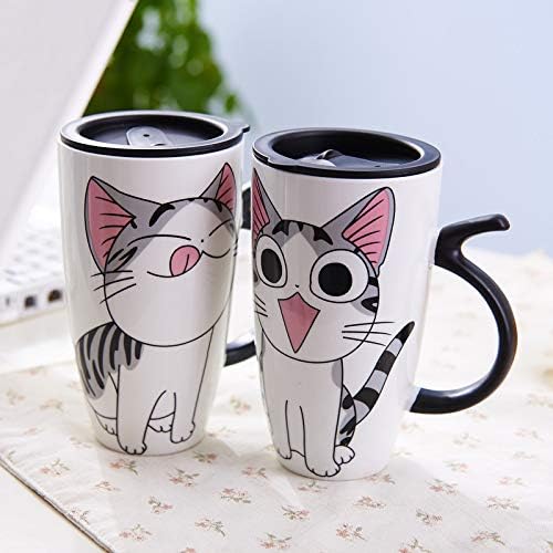 Cute Cat Ceramics Coffee Mug with Lid Large Capacity 600ml Animal Mugs Creative Drinkware Coffee Tea Cups Novelty Gifts Milk Cup(A)