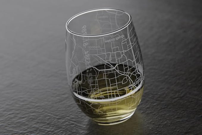 Well Told Engraved Orlando Florida Map Stemless Wine Glass, Etched Glass (15 oz, Clear) City Custom Gifts for Lovers