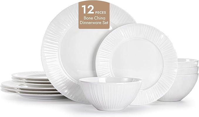 KINGSTONE Bone China Dinnerware Set, 12-Piece White Lightweight Porcelain with Textured Design Service for 4, Plates, Bowls, for Family Dining, Restaurants, Gifting, Microwave and Dishwasher Safe