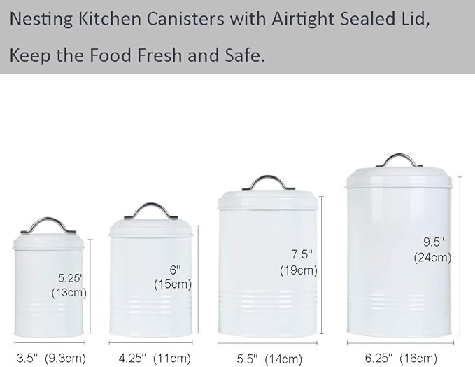 Nesting Canisters Sets for the Kitchen, Set of 4 Airtight White Farmhouse Canister Jars with Removable Chalkboard Labels and Marker, for Flour Sugar Coffee Tea Storage