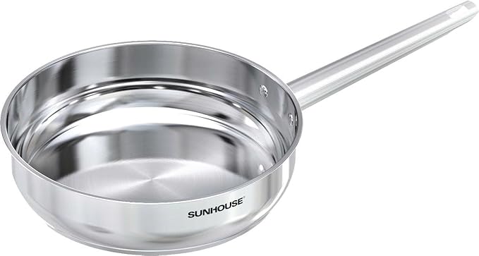 Sunhouse 8 Inch Tri-Ply Stainless Steel Frying Pan, Whole-Clad No Coatings Skillet with Stay-cool Handle for Cooking, Durable & Oven Safe to 500°F, Dishwasher Safe, Compatible with All Cooktops