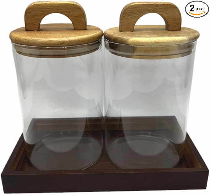Glass Kitchen Canisters with Airtight Acacia Wooden Lid, Airtight Food Storage Jar with Handle,Canisters for Bathroom Decor with Vanity Tray (2, Brown Wooden Lid, 33 oz)