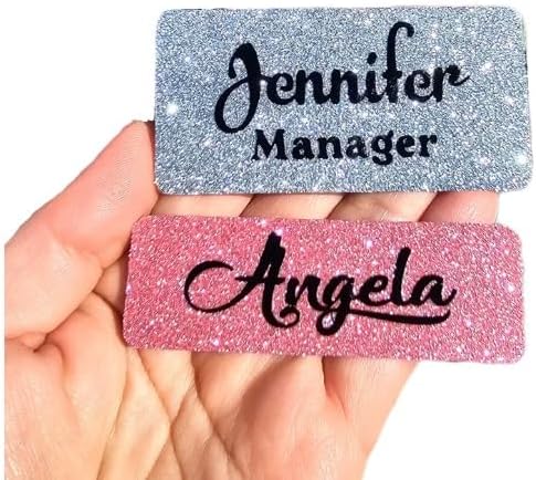 Custom Fine Glitter Name tag PIN or Magnet Work Badge Gloss Sealed Sparkle Personalized Custom Bling 1x3 or 1.5x3 Gift Nurse Job (Neon Pink)