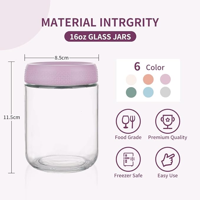 16 oz Overnight Oats Containers with Lids,Wide Mouth Mason jars,Airtight Glass Jars for Yogurt，Milk,Salad,Cereal,Snacks,Sugar,Spice (4)