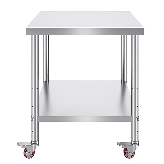 Vevor 30x36x34 Inch Stainless Steel Work Table 3-Stage Adjustable Shelf with 4 Wheels Heavy Duty Commercial Food Prep Worktable with Brake for Kitchen Prep Work