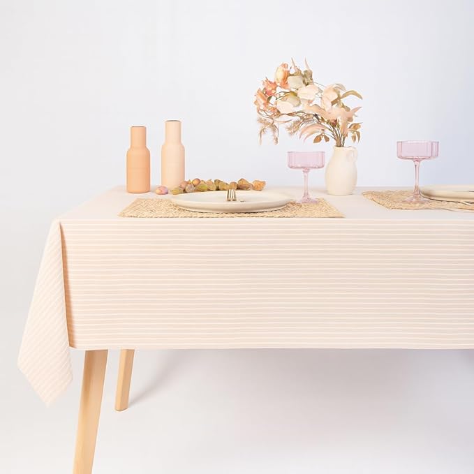 MONDAY MOOSE Striped Farmhouse Picnic Style Decoration Rectangle Natural Stonewashed Cotton Tablecloth for Kitchen, Dining Room, Restaurant (60x120 inch, Beige/White Stripes)