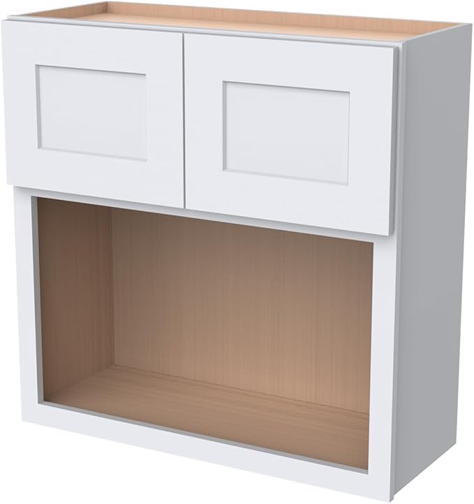 Solid Wood RTA Wall Microwave Cabinet with Open Shelves – Shaker Style, Space-Saving Kitchen Pantry Storage, Durable and Versatile Wall-Mounted Organizer (SK-White, 30" W x 24" D x 30" H)