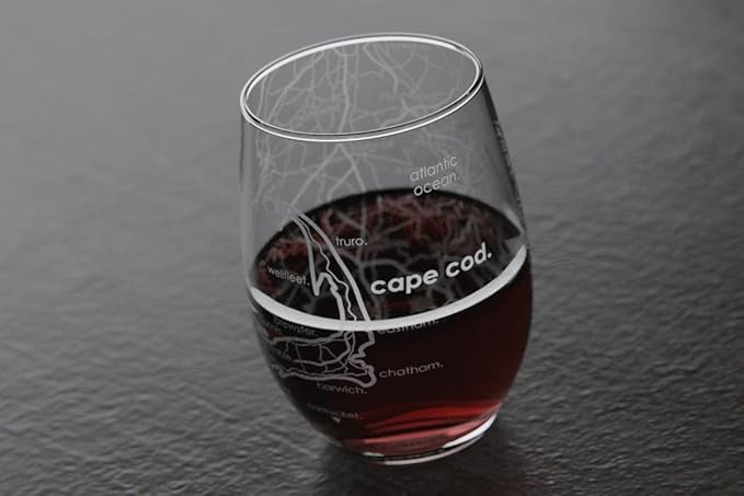 Well Told Engraved Cape Cod Massachusetts Map Stemless Wine Glass, Etched Glass (15 oz, Clear) City Custom Gifts for Lovers