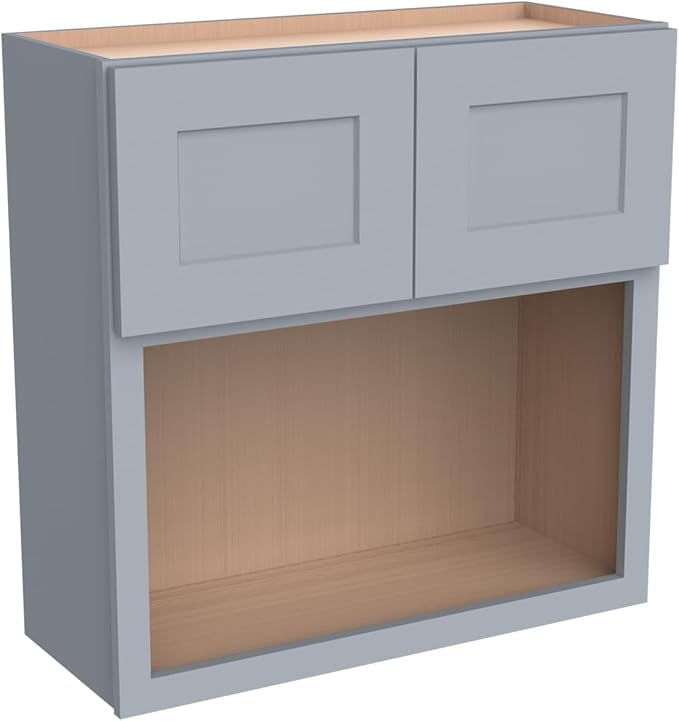 Solid Wood RTA Wall Microwave Cabinet with Open Shelves – Shaker Style, Space-Saving Kitchen Pantry Storage, Durable and Versatile Wall-Mounted Organizer (SK-Grey, 30" W x 24" D x 30" H)