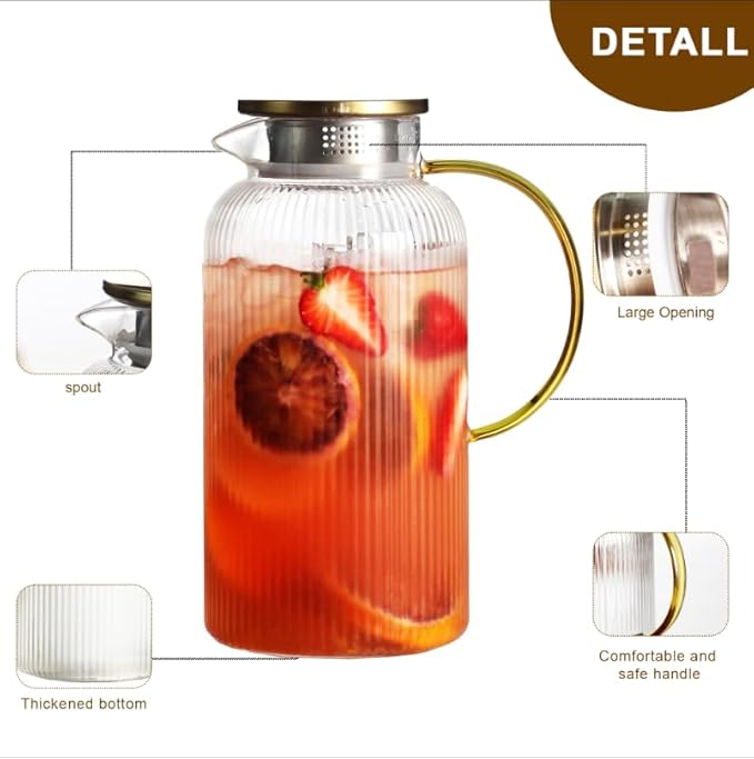 Glass Water Pitcher with Lids and Handles, Hot and Cold Water Bottles, Heat-Resistant Borosilicate Glass Water Jugs, Used for Cold Brewed Tea, Coffee, Lemonade, and Homemade Beverages(2.5L 2PCS)