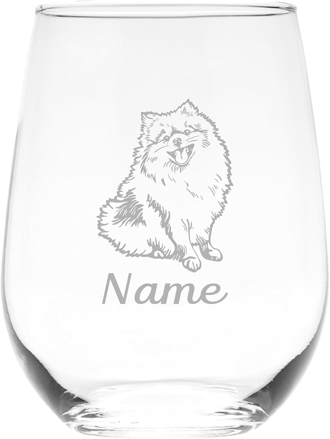 C M Pomeranian Dog 17 oz. Custom Stemless Wine Glass with Name - Personalized Dog Themed Gift for Women and Men