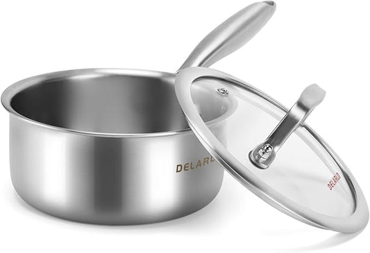 DELARLO Tri-Ply Stainless Steel Induction Saucepan, 1.5 QT with Lid, All Stove Compatible 600, Small Pots for Cooking, Heavy Duty Saucier, Dishwasher Safe