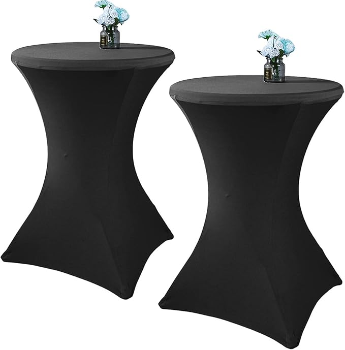 2 Pack 24x43 Inch Black Cocktail Tablecloth Spandex Round Fitted Table Cover for Wedding Banquet Event Party