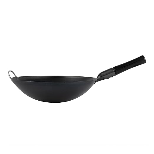 Restaurantware-Motomori 14 Inch Pre-Seasoned Carbon Steel Wok, 10 Traditional Japanese Woks - Round Bottom, Wooden Handle, Black Carbon Steel Traditional Stir Fry Pans, With Helper Handle
