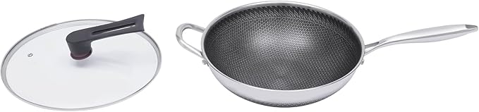 12 inch Wok Pan with Lid, Stainless Steel Saute Pan, Induction Wok Set, Woks & Stir-fry Pans with Honeycomb Coating, Nonstick Wok with Lid