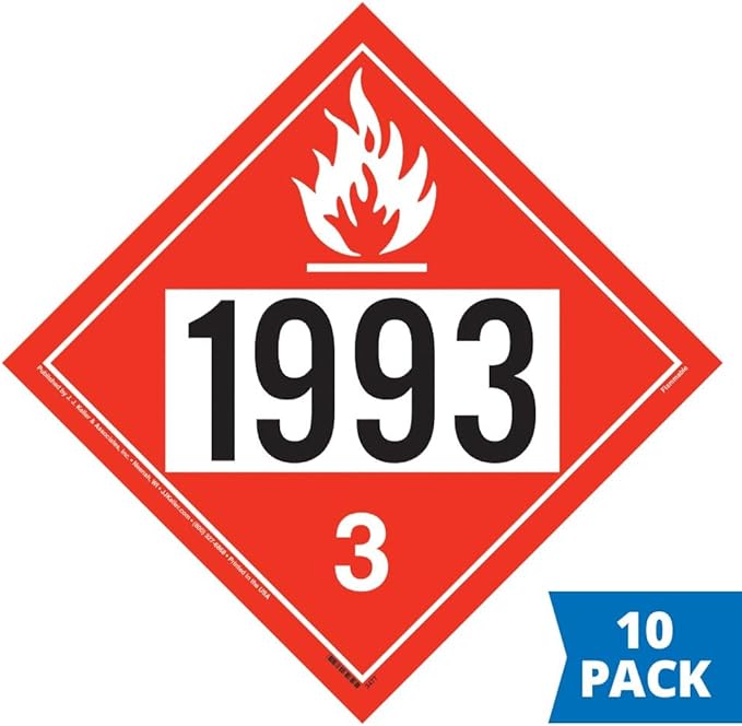 1993 Placard, Class 3 Flammable Liquid 10-pk. - 10.75" x 10.75" Removable Self Adhesive Vinyl for Temporary Applications - Complies with DOT Hazmat Placard Requirements