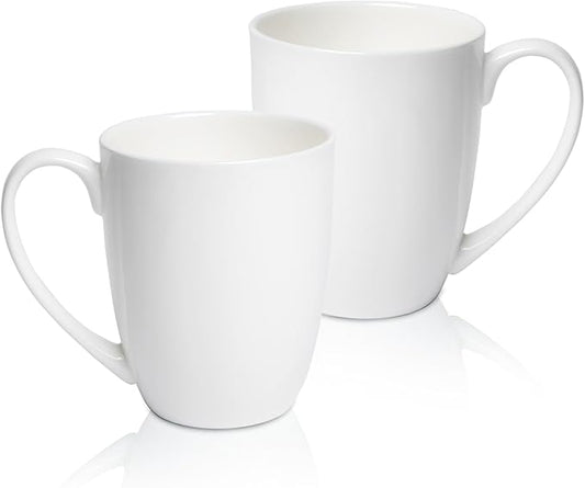 Plain White Fine Bone China Blank Coffee Mugs Set of 2, 11 Oz Tea Cups with Large Handle, Lightweight Ceramic Coffee Mugs, Aesthetic Coffee Cups